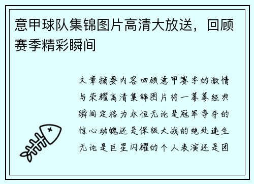 意甲球队集锦图片高清大放送，回顾赛季精彩瞬间