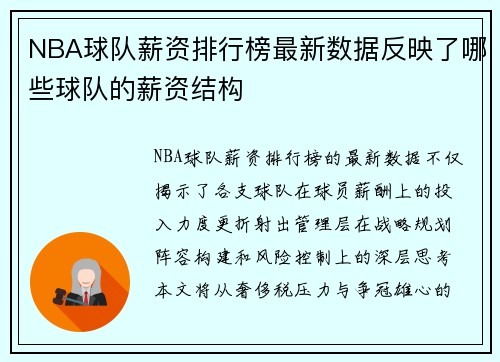 NBA球队薪资排行榜最新数据反映了哪些球队的薪资结构